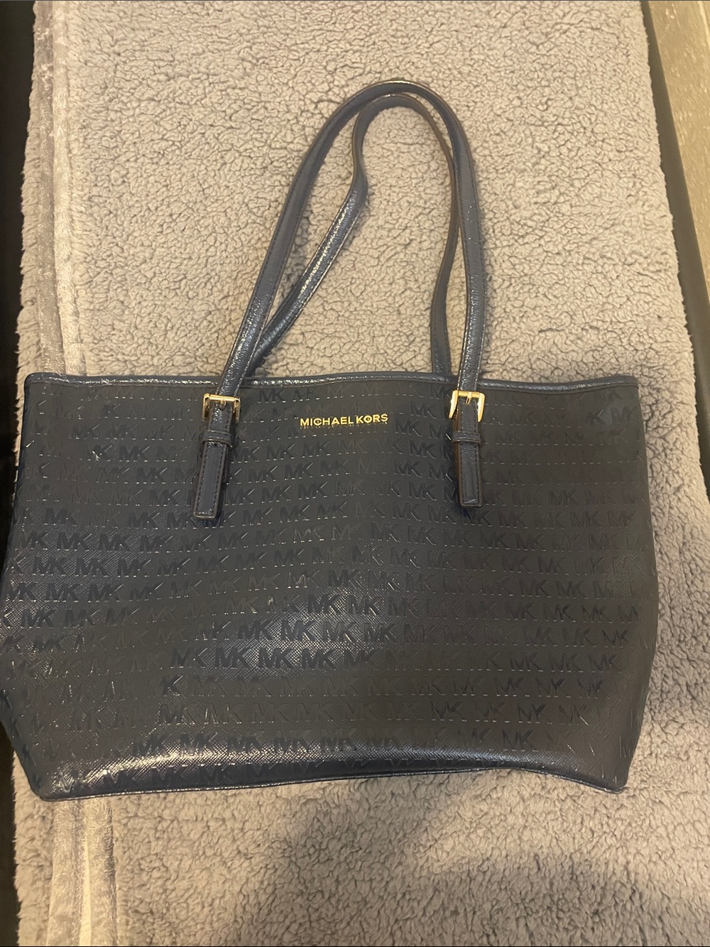 Michael Kors Navy Blue MK Logo Patent Tote with Gold Hardware